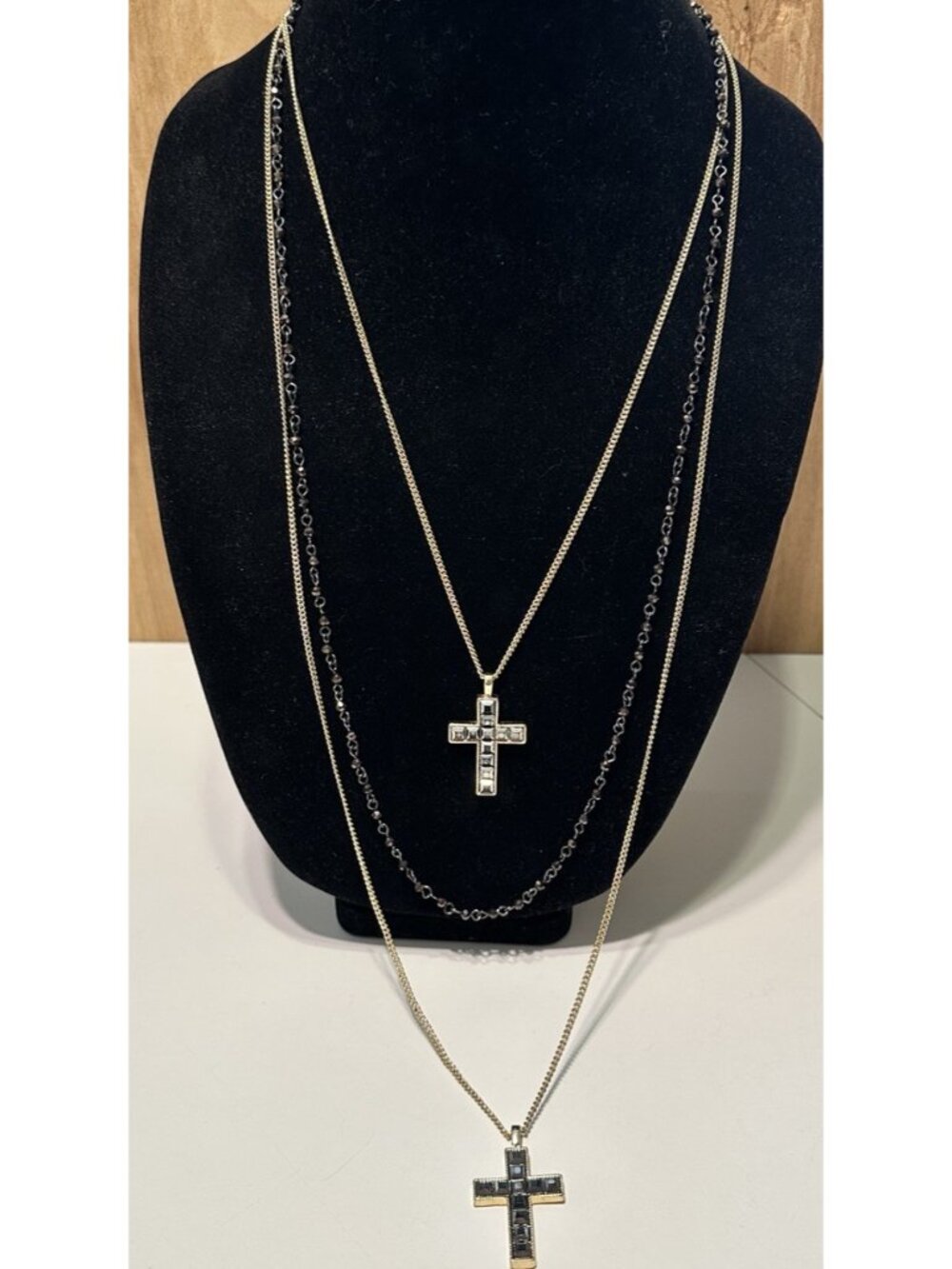 34” Multi Strand Layered Gold Tone Cross Necklace Iridecent Beaded   Express